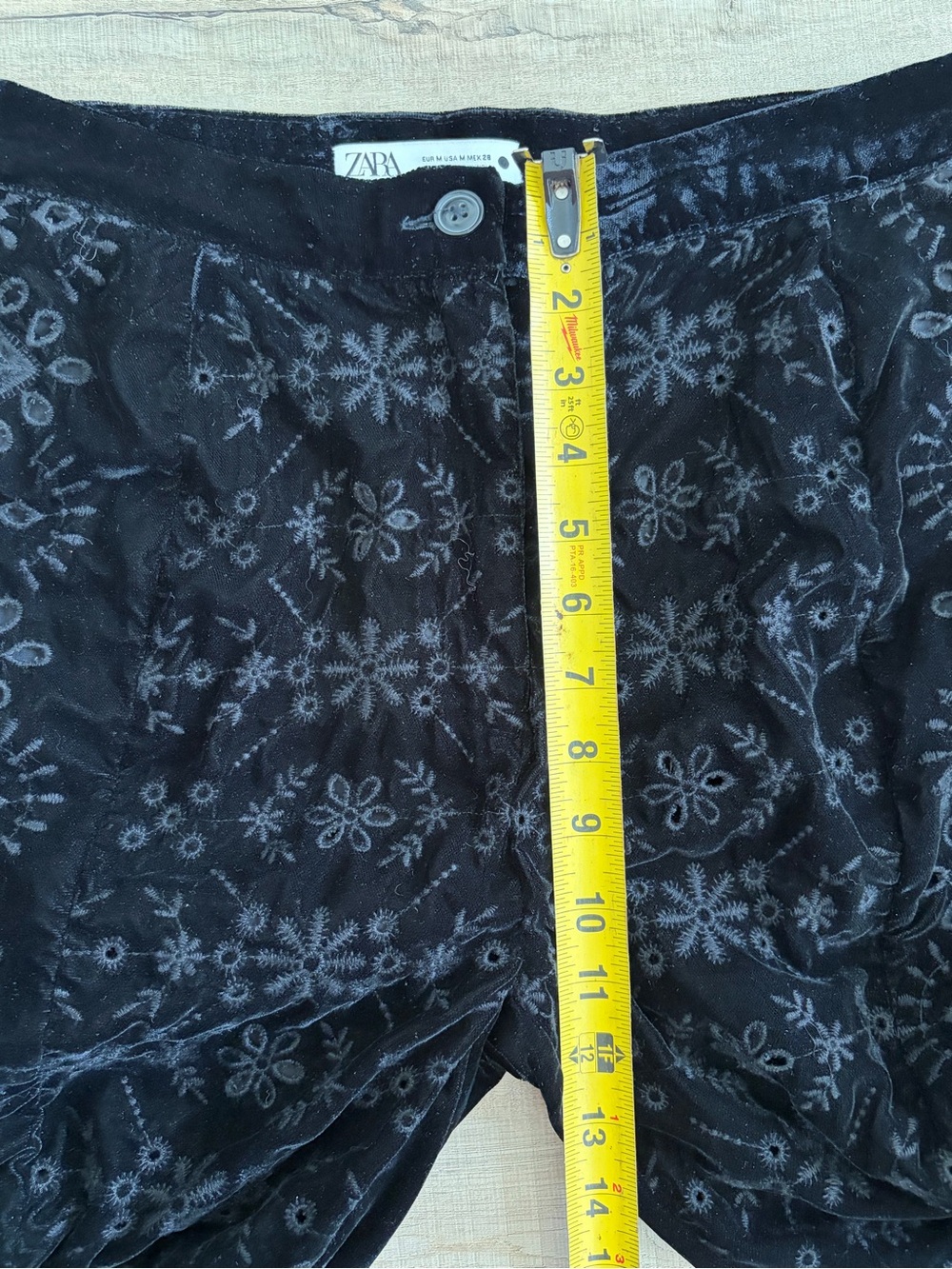 Zara Alina Black Velvet Embroidered Eyelet Wide Leg Contemporary Pant Trousers M - Picture 9 of 11